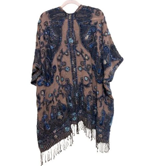 Soft Surroundings Wool Blend Kimono Poncho Wrap O/S Blue Embroidered Yarn Artsy - Picture 3 of 9